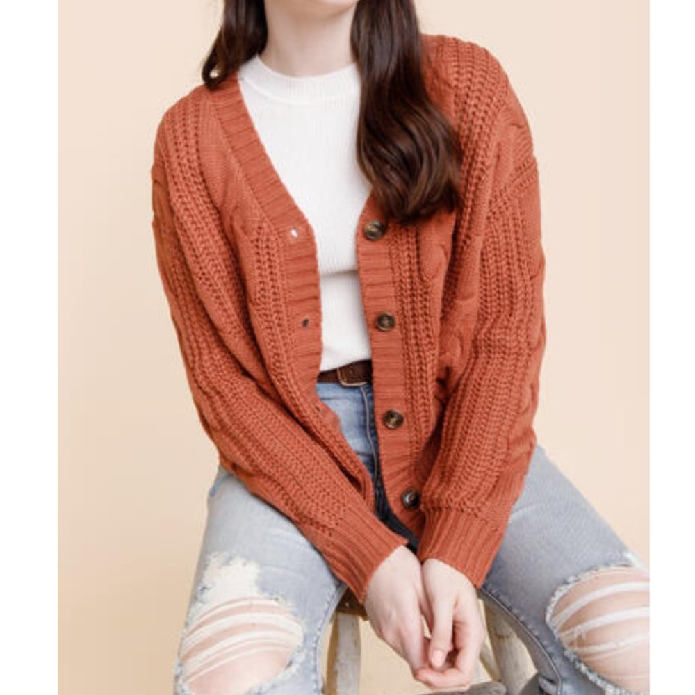 Double Cable Knit Cardigan Salmon Pink/Clay